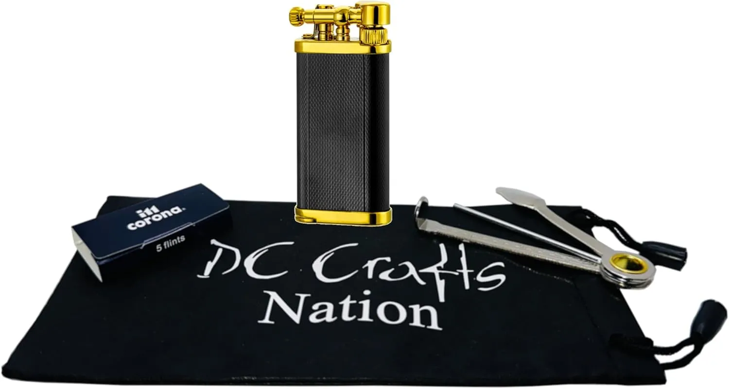 DC Crafts Nation Pipe Bag with IM Corona Old Boy Pipe Lighter - Includes Czech Pipe Tool, & 5 Pack of IM Corona Flints - (Black and Gold Engine Turned)
