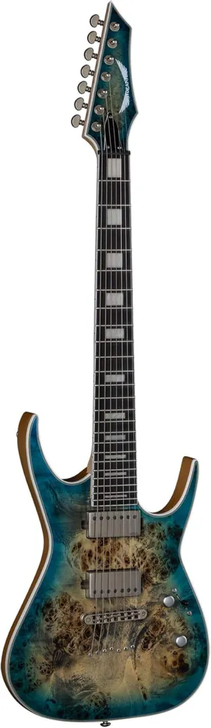 Dean Guitars Exile Select 7 String Burl Poplar Electric Guitar, Right, Satin Turquoise Burst (EXILE7BRL STQB)