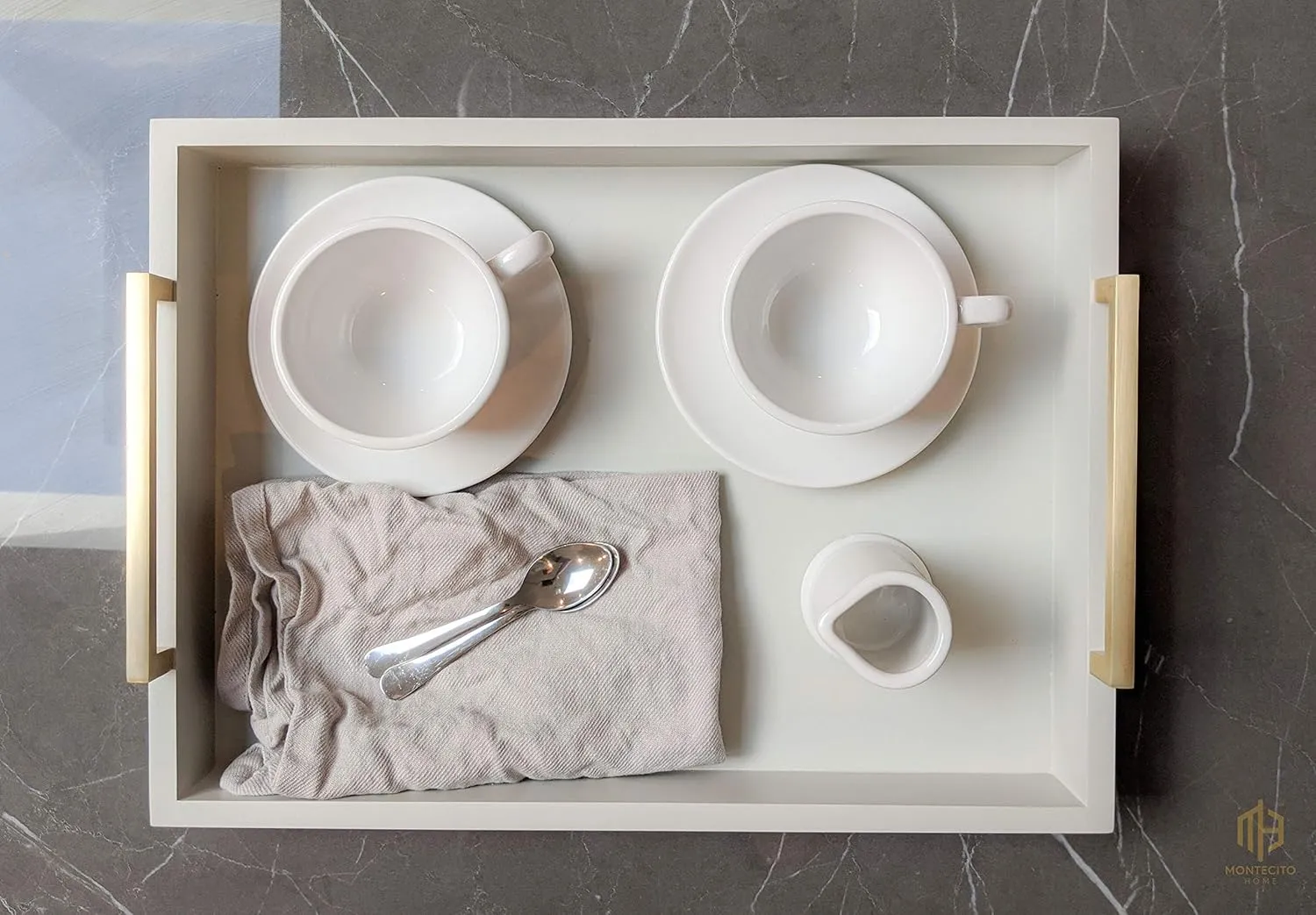 Decorative Coffee Table Tray - Ottoman Tray - Breakfast, Drinks, Liquor Serving Platter - from Farmhouse to Modern - Matte Finish - Champagne Gold Handles - Harbor Gray