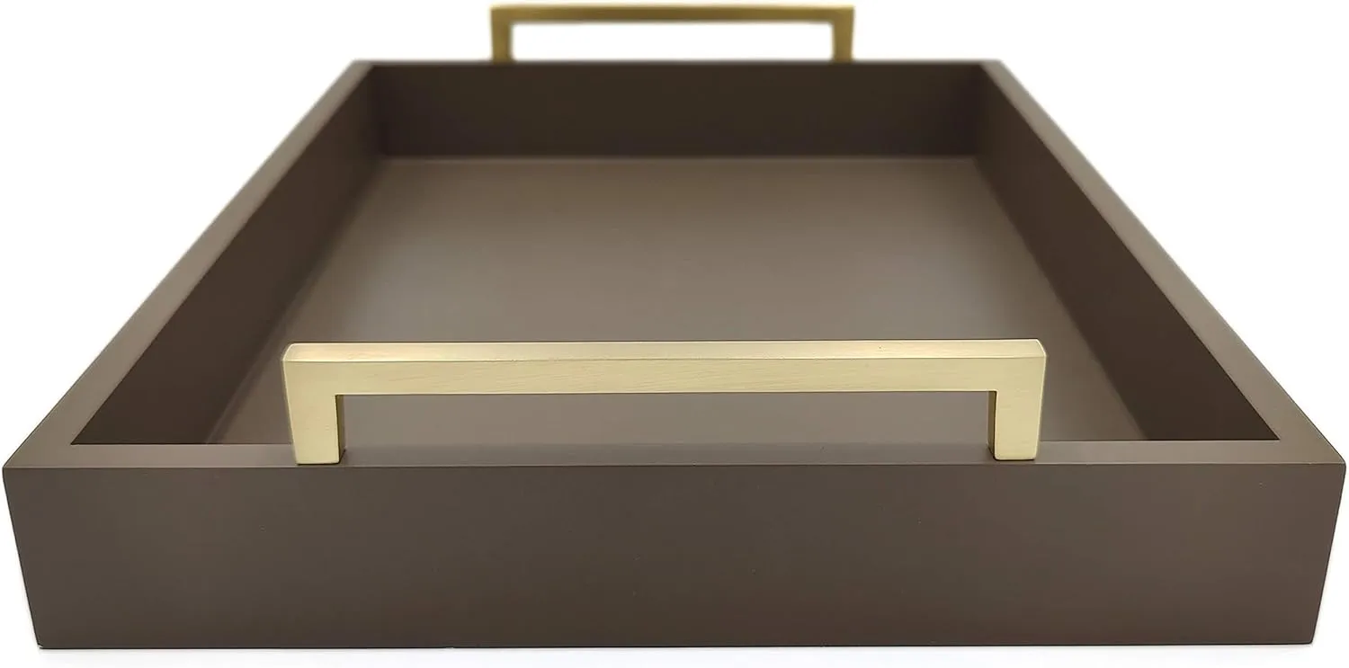 Decorative Coffee Table Tray - Ottoman Tray - Breakfast, Drinks, Liquor Serving Platter - from Farmhouse to Modern - Matte Finish - Champagne Gold Handles - Mocha