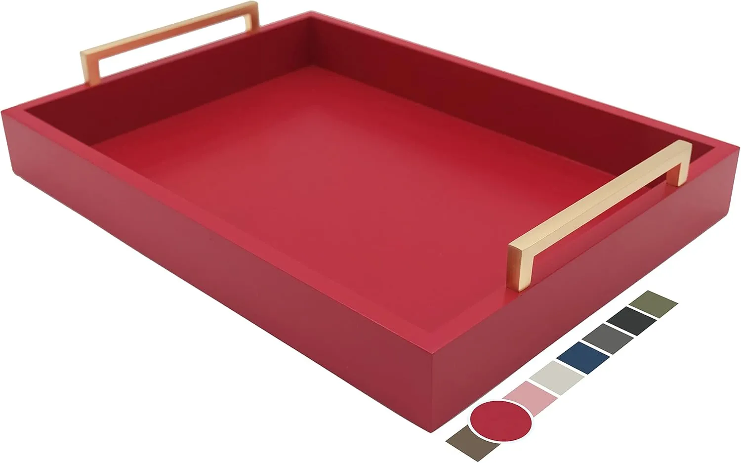 Decorative Coffee Table Tray - Ottoman Tray - Breakfast, Drinks, Liquor Serving Tray - from Farmhouse to Modern - Matte Finish - Champagne Gold Handles - Crimson Red