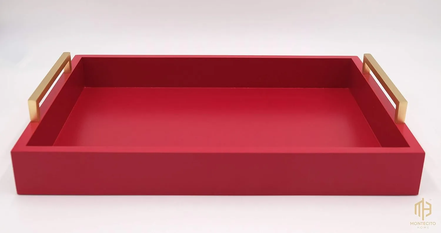 Decorative Coffee Table Tray - Ottoman Tray - Breakfast, Drinks, Liquor Serving Tray - from Farmhouse to Modern - Matte Finish - Champagne Gold Handles - Crimson Red