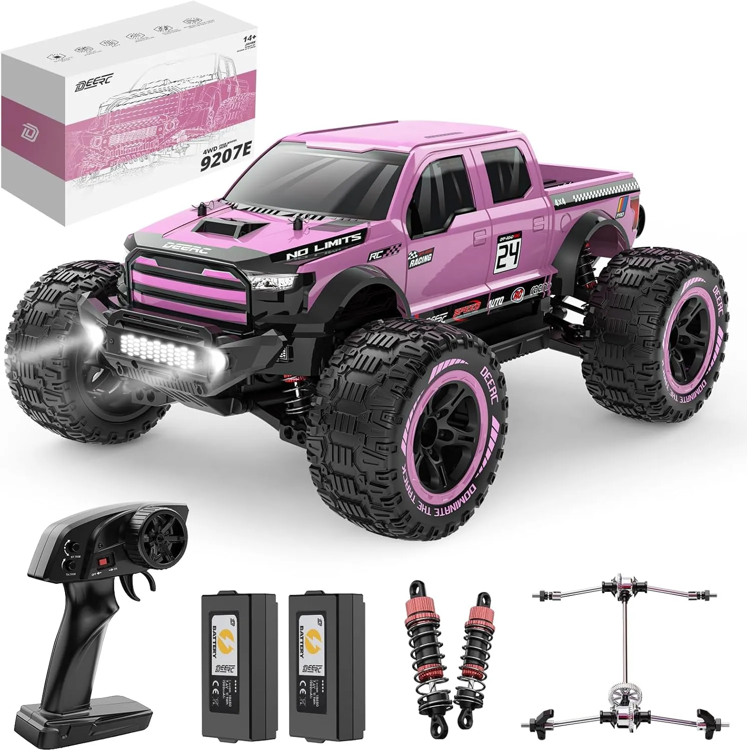 DEERC 1:10 Fast RC Cars for Adults, 4X4 High Speed RC Truck Crawler, 48 KM/H, Pink All Terrain Hobby Remote Control Monster Truck with 2 Modular Batteries, Toy Vehicle Gift for Kids
