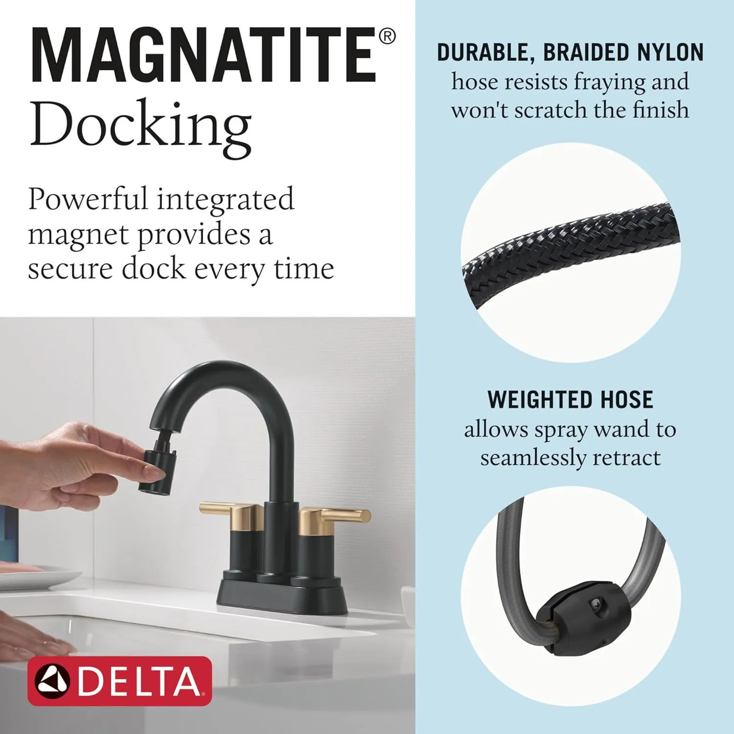 Delta 25749LF-PD Nicoli 1.2 GPM Centerset Bathroom Faucet with Pull Down Spout and Push Pop-Up Drain Assembly - Matte Black/Champagne Bronze
