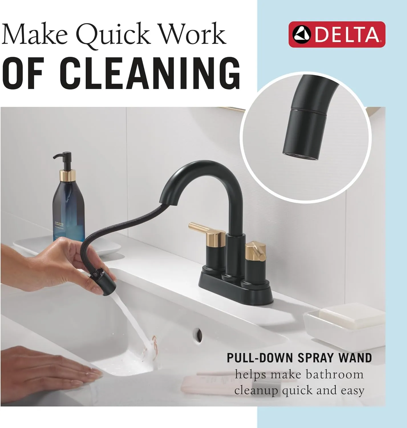 Delta 25749LF-PD Nicoli 1.2 GPM Centerset Bathroom Faucet with Pull Down Spout and Push Pop-Up Drain Assembly - Matte Black/Champagne Bronze