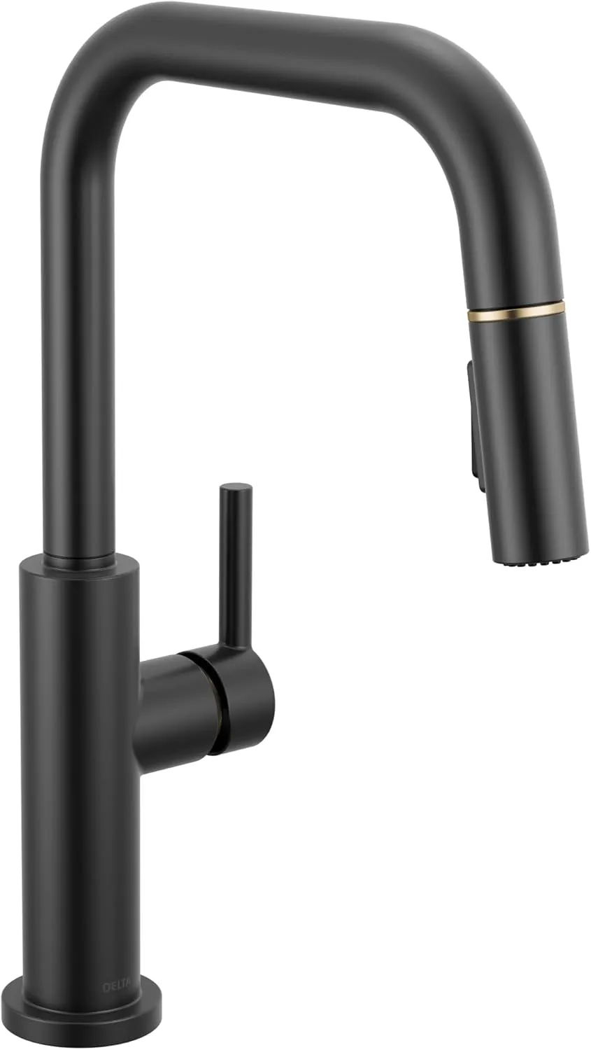 Delta Faucet Nicoli U-Spout Kitchen Faucet with Pull Down Sprayer, Black and Gold Kitchen Sink Faucet, Modern Kitchen Faucet, Single Hole Kitchen Faucet, Matte Black/Champagne Bronze 19868LF-GZ