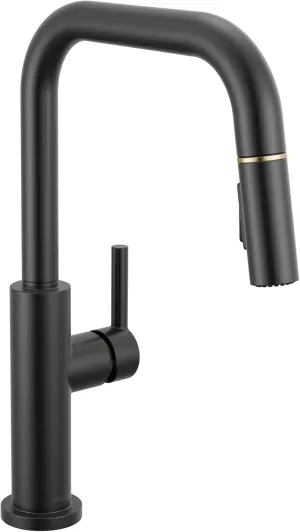 Delta Faucet Nicoli U-Spout Kitchen Faucet with Pull Down Sprayer, Black and Gold Kitchen Sink Faucet, Modern Kitchen Faucet, Single Hole Kitchen Faucet, Matte Black/Champagne Bronze 19868LF-GZ