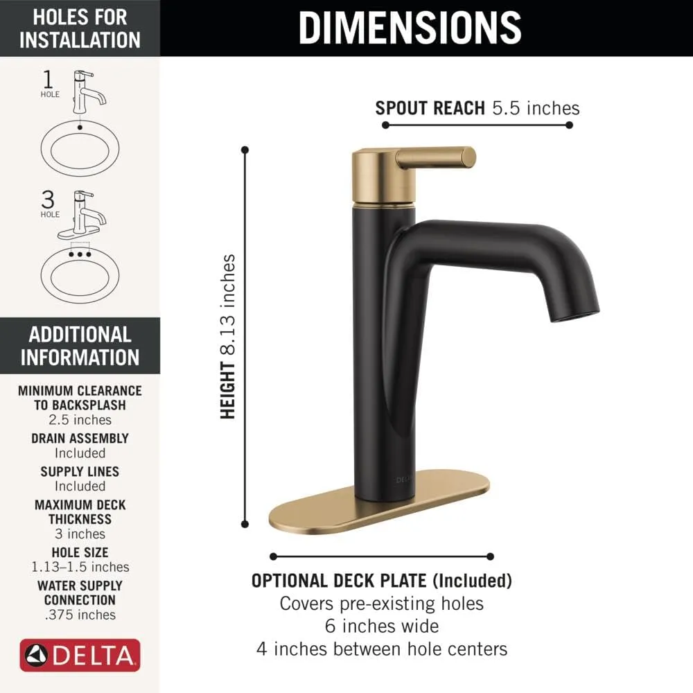 Delta Nicoli Matte Black/ Brushed Gold Bathroom Faucet 1 Hole, Single Hole Bathroom Sink Faucet for Vanity, Push-Pop Drain Assembly, Matte Black/ Champagne Bronze 15849LF-GZ