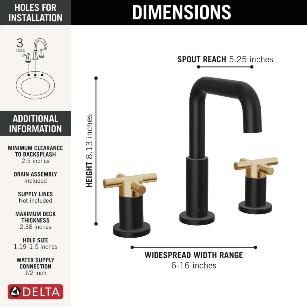 Delta Nicoli Matte Black/ Brushed Gold Bathroom Faucet 3 Hole, 8 Inch Widespread Bathroom Sink Faucet for Vanity, Push-Pop Drain Assembly, Matte Black/ Champagne Bronze 35894LF-GZ