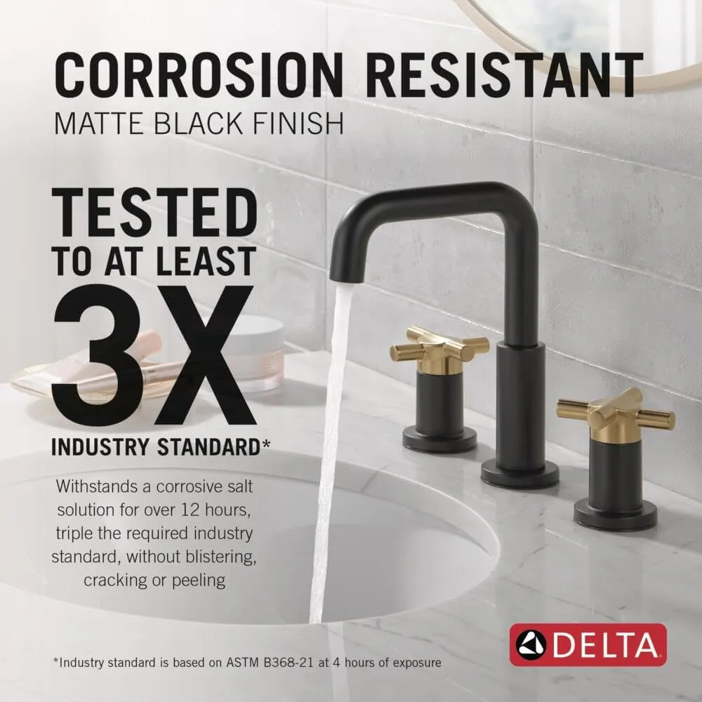 Delta Nicoli Matte Black/ Brushed Gold Bathroom Faucet 3 Hole, 8 Inch Widespread Bathroom Sink Faucet for Vanity, Push-Pop Drain Assembly, Matte Black/ Champagne Bronze 35894LF-GZ