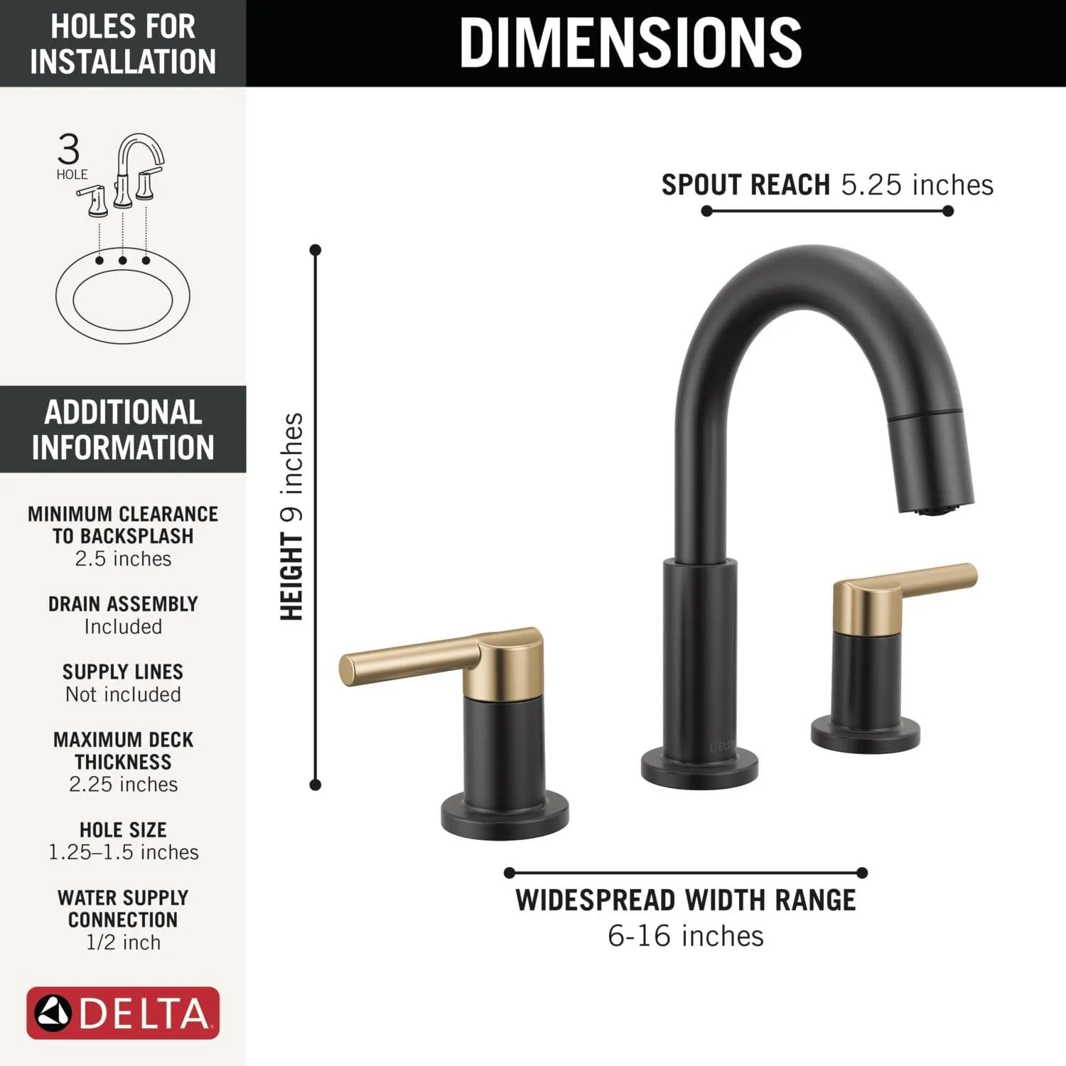 Delta Nicoli Matte Black/Brushed Gold Bathroom Faucet with Sprayer, 8 Inch 3 Hole Widespread Bathroom Sink Faucet with Pull Out Sprayer, Push-Pop Drain, Matte Black/Champagne Bronze 35749LF-GZPD