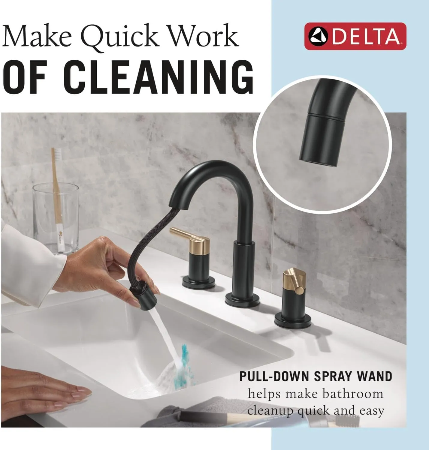 Delta Nicoli Matte Black/Brushed Gold Bathroom Faucet with Sprayer, 8 Inch 3 Hole Widespread Bathroom Sink Faucet with Pull Out Sprayer, Push-Pop Drain, Matte Black/Champagne Bronze 35749LF-GZPD