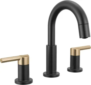 Delta Nicoli Matte Black/Brushed Gold Bathroom Faucet with Sprayer, 8 Inch 3 Hole Widespread Bathroom Sink Faucet with Pull Out Sprayer, Push-Pop Drain, Matte Black/Champagne Bronze 35749LF-GZPD