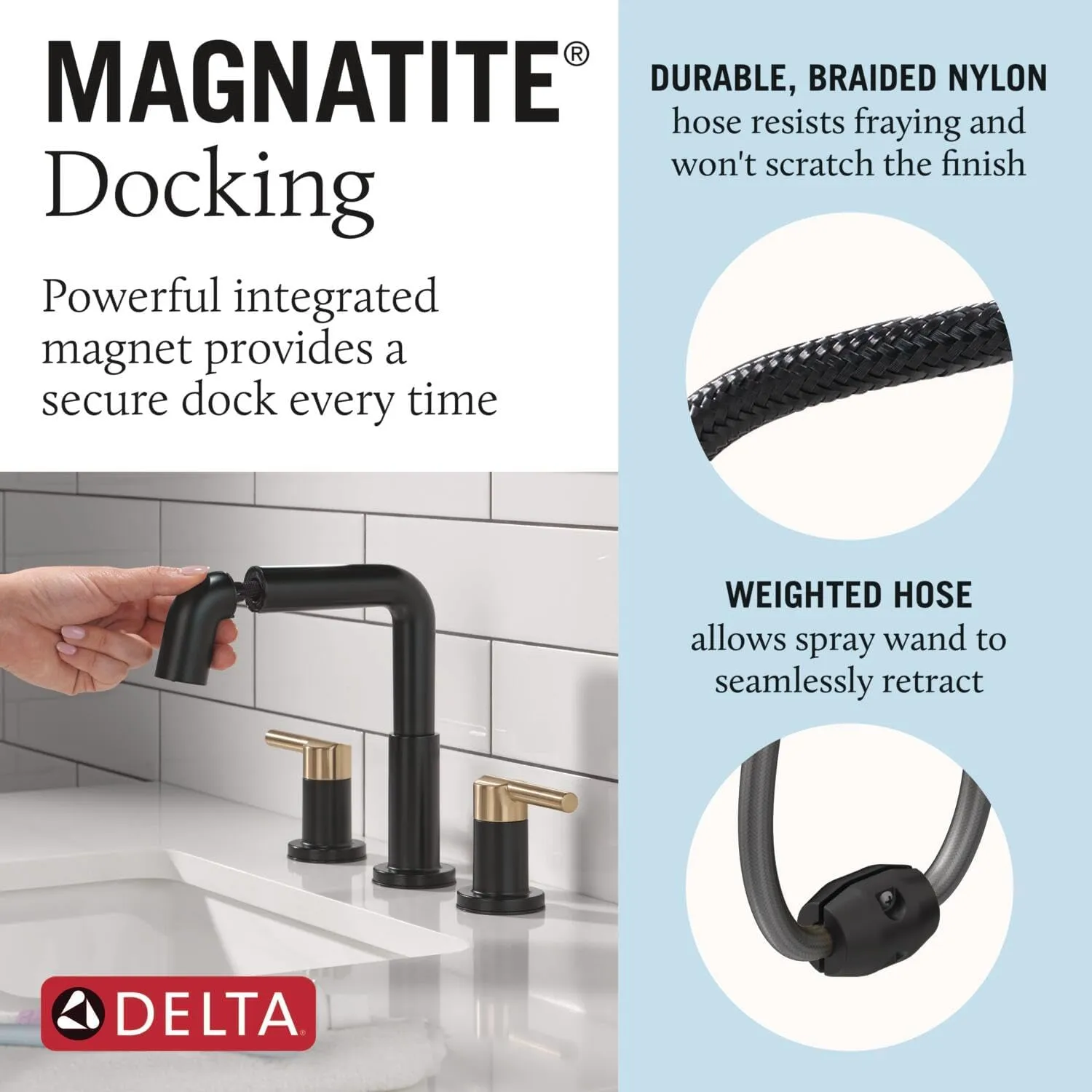 Delta Nicoli Matte Black/Brushed Gold Bathroom Faucet with Sprayer, 8 Inch 3 Hole Widespread Bathroom Sink Faucet with Pull Out Sprayer, Push-Pop Drain, Matte Black/Champagne Bronze 35849LF-GZPD