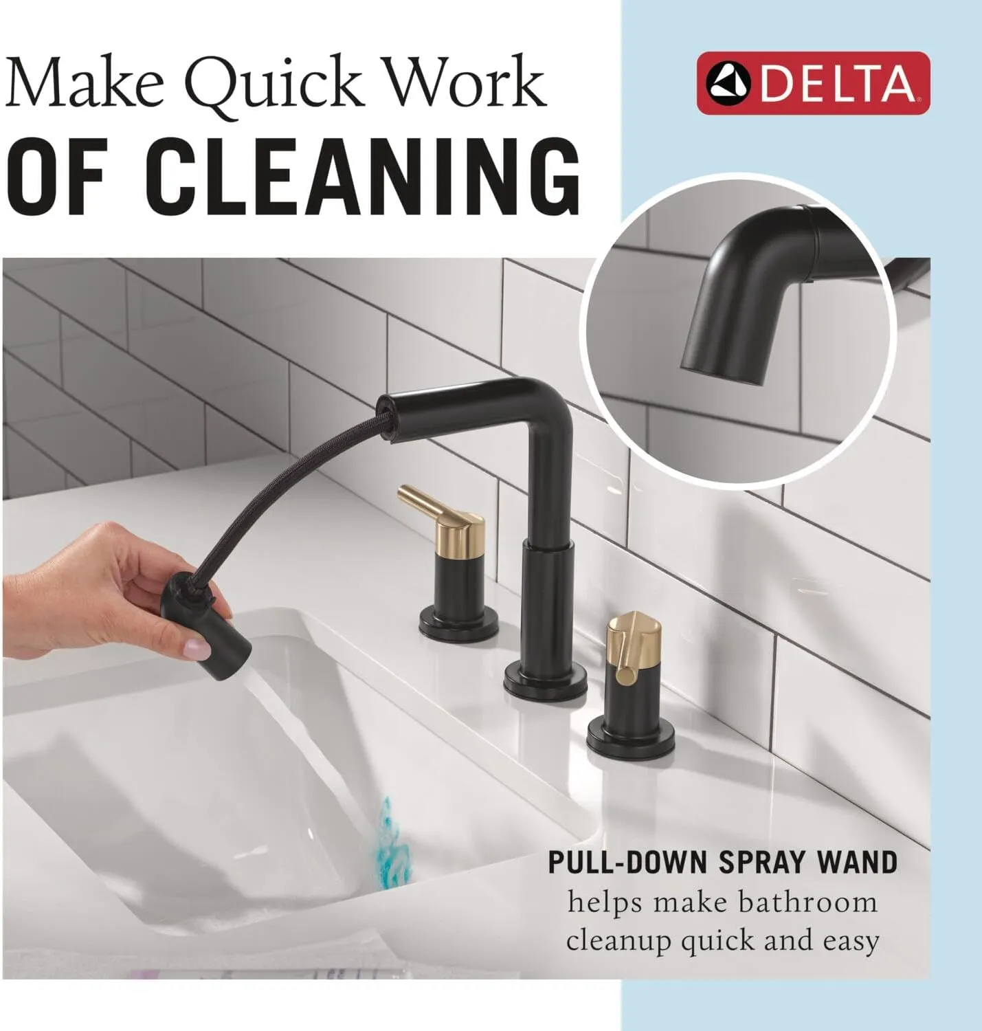 Delta Nicoli Matte Black/Brushed Gold Bathroom Faucet with Sprayer, 8 Inch 3 Hole Widespread Bathroom Sink Faucet with Pull Out Sprayer, Push-Pop Drain, Matte Black/Champagne Bronze 35849LF-GZPD