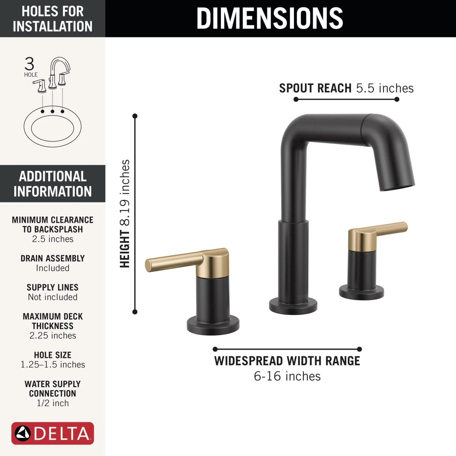 Delta Nicoli Matte Black/Brushed Gold Bathroom Faucet with Sprayer, 8 Inch 3 Hole Widespread Bathroom Sink Faucet with Pull Out Sprayer, Push-Pop Drain, Matte Black/Champagne Bronze 35849LF-GZPD