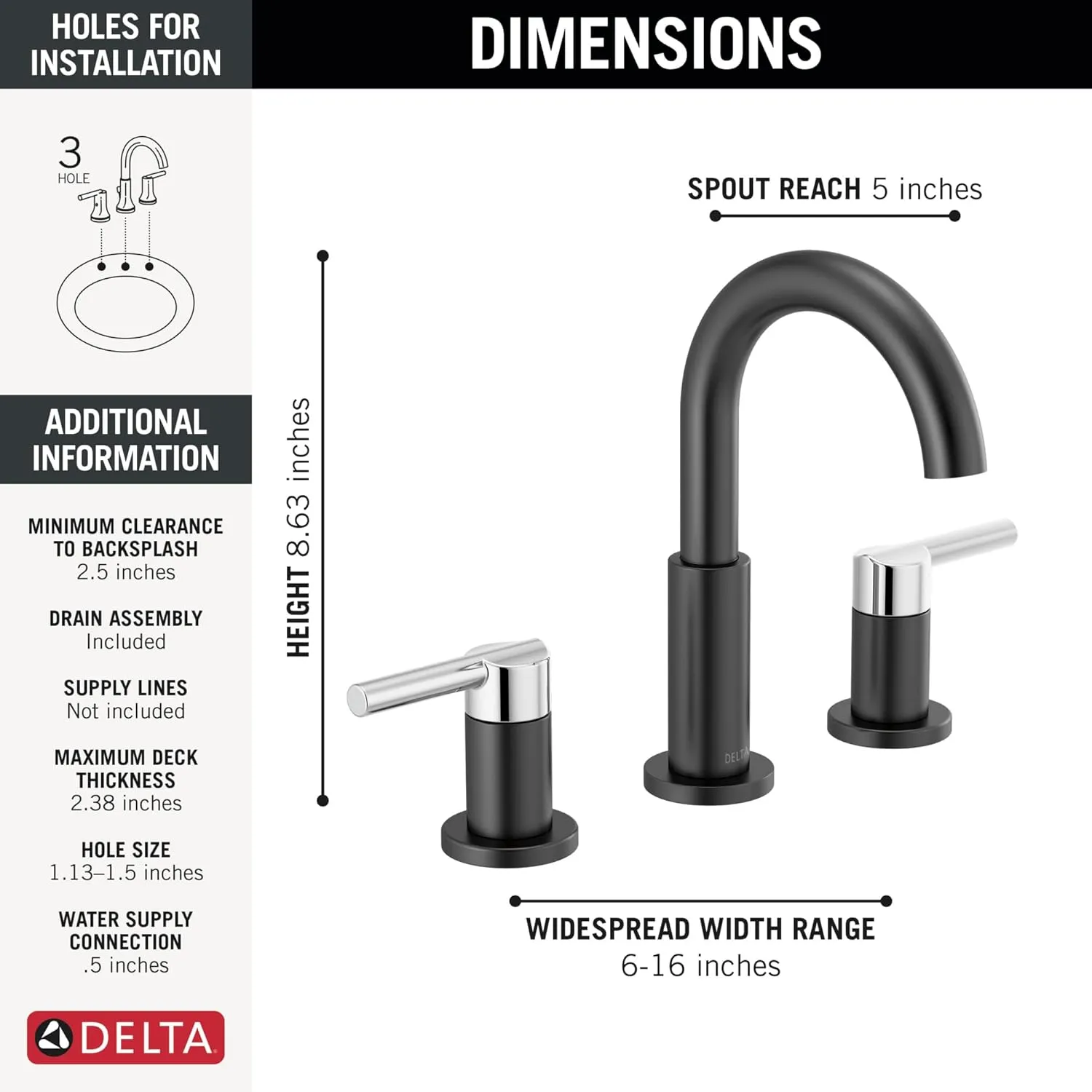 Delta Nicoli Matte Black/Chrome Gold Faucet 3 Hole, 8 Inch Widespread Bathroom Sink Faucet for Vanity, Push-Pop Drain Assembly, Matte Black/Chrome 35749LF-CS