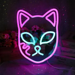 Demon Fox Face Neon Sign, Japanese Anime Slayer Neon Light for Wall Decor, Bedroom, Game Room, Birthday Party, Dimmable, USB Powered, Pink, Ice Blue(11.8"x9.2")