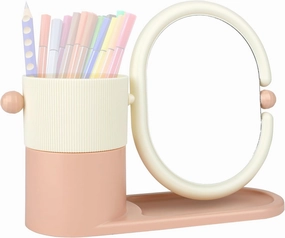 Desk Organizer with Magnifying HD Rotating Glass Mirror 360° Adjustable Dual-Purpose Makeup Brush Holder Pen Caddy, Pink & White ABS Storage for Office & Vanity Accessories Free Lens Cloth