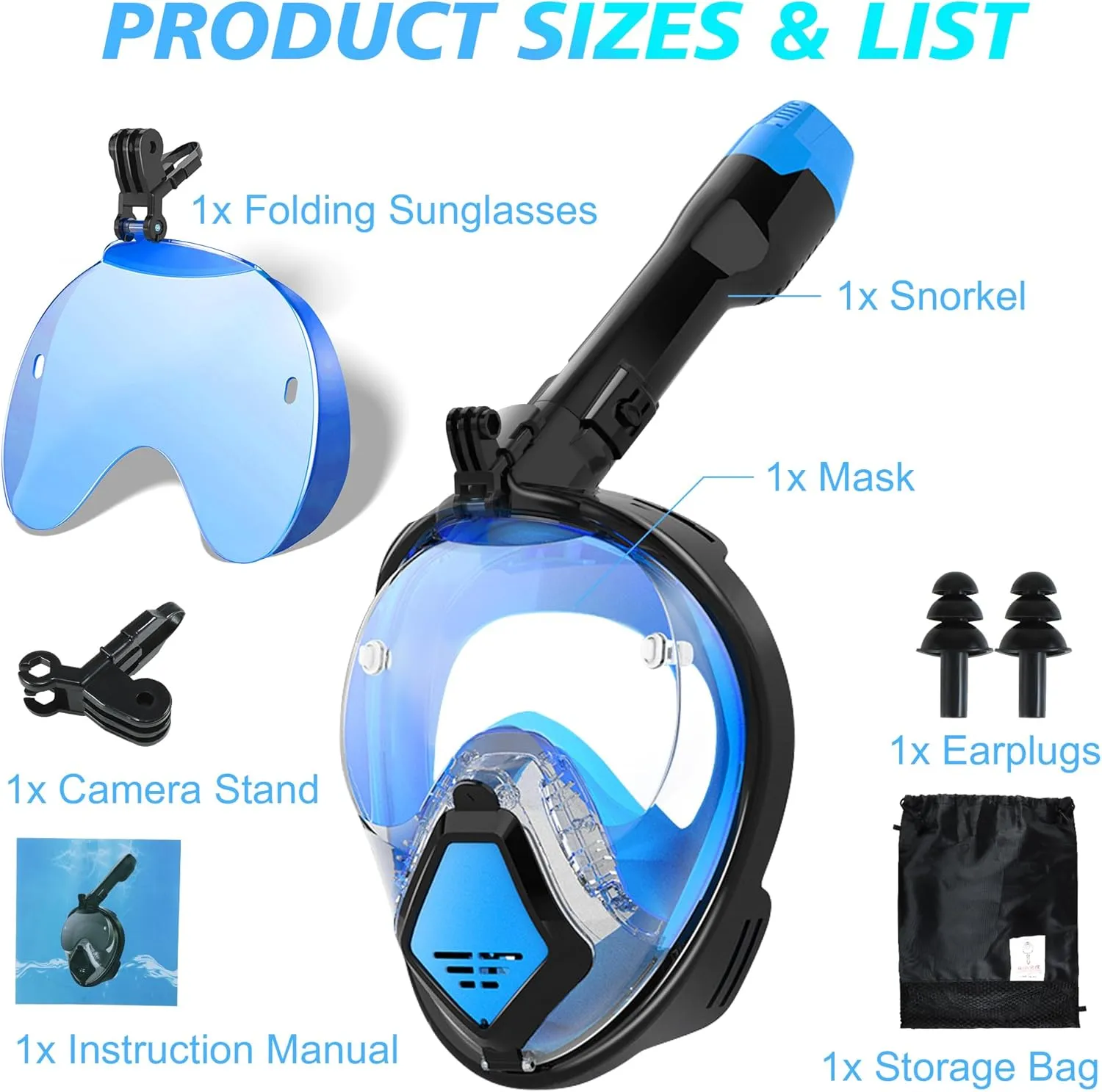 Devilfish Full Face Snorkel Mask Adults, Dry Top System Snorkeling Set with Foldable Sunglasses, 180 Degree Panoramic View Snorkel Gear, Scuba Diving Masks Anti-Leak & Anti-Fog