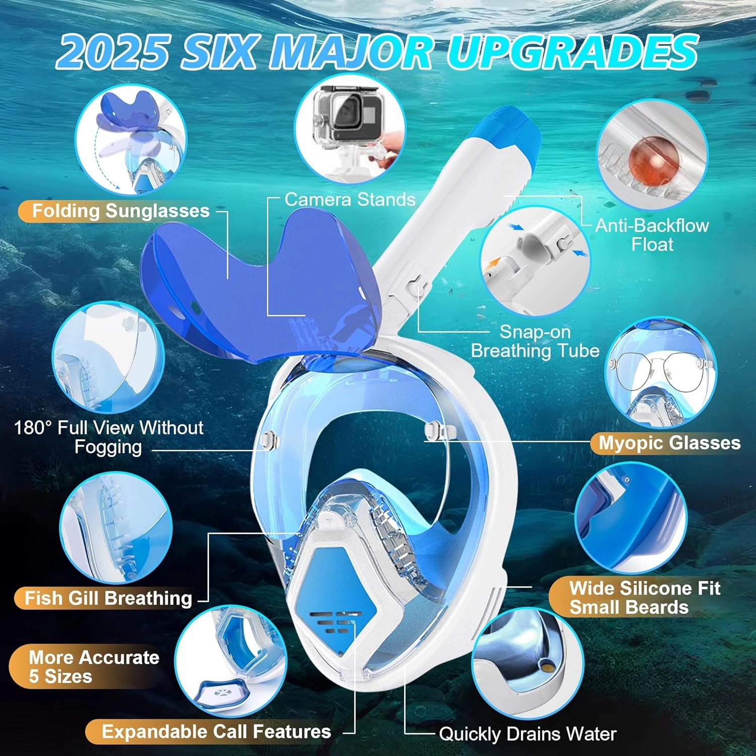 Devilfish Full Face Snorkel Mask Adults, Dry Top System Snorkeling Set with Foldable Sunglasses, 180 Degree Panoramic View Snorkel Gear, Scuba Diving Masks Anti-Leak & Anti-Fog