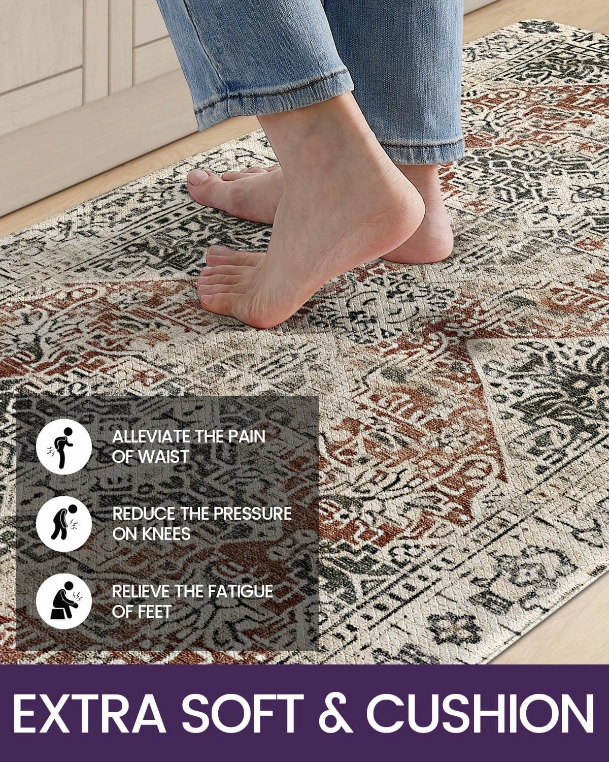 DEXI Kitchen Floor Mats Anti Fatigue, Cushioned Waterproof Runner Rug Boho Floral, 23x86 Extra Long Wide Standing Padded Non Slip for Farmhouse, Cream and Red