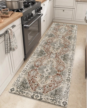 DEXI Kitchen Floor Mats Anti Fatigue, Cushioned Waterproof Runner Rug Boho Floral, 23x86 Extra Long Wide Standing Padded Non Slip for Farmhouse, Cream and Red