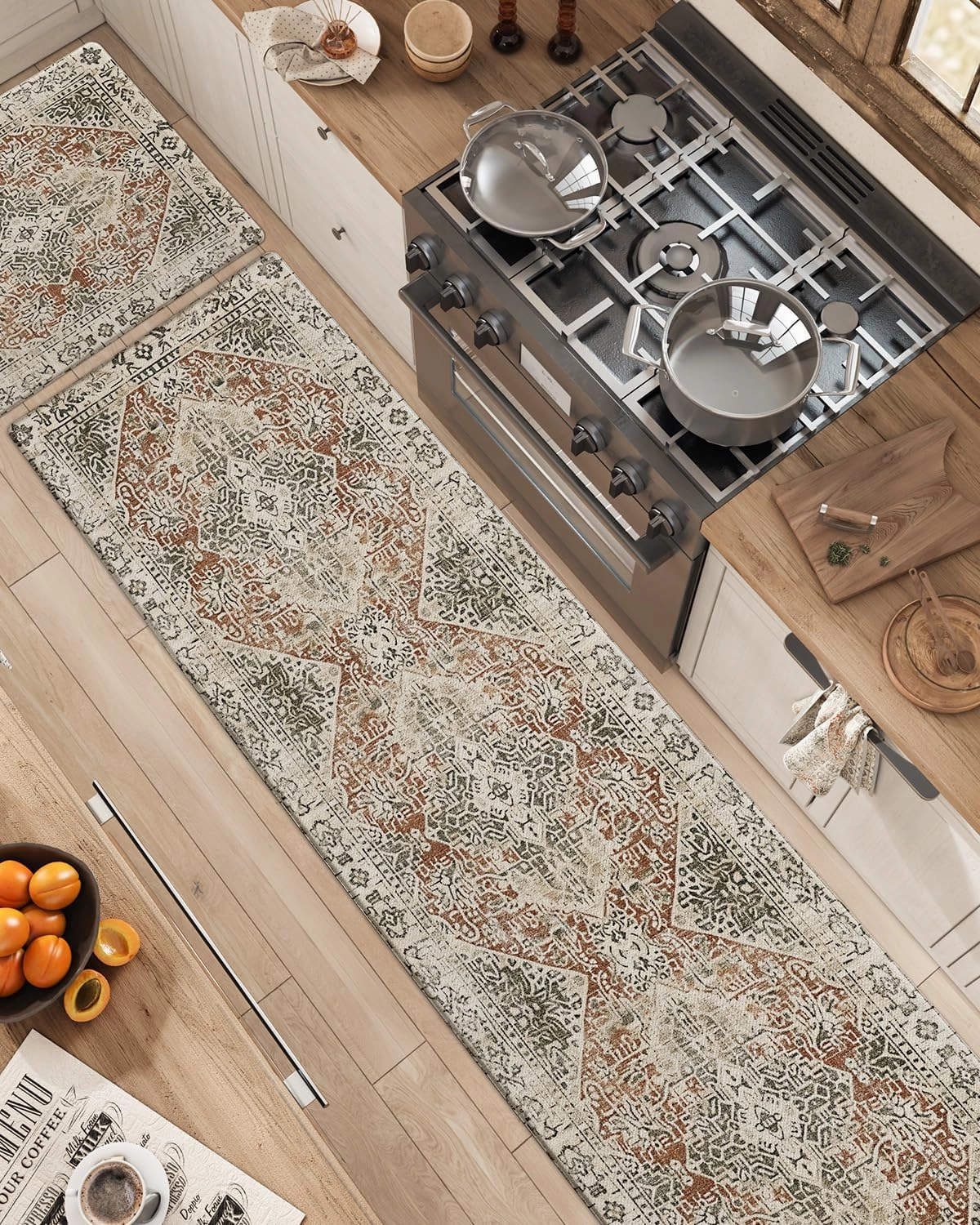 DEXI Kitchen Floor Mats Anti Fatigue, Cushioned Waterproof Runner Rug Boho Floral, 23x86 Extra Long Wide Standing Padded Non Slip for Farmhouse, Cream and Red
