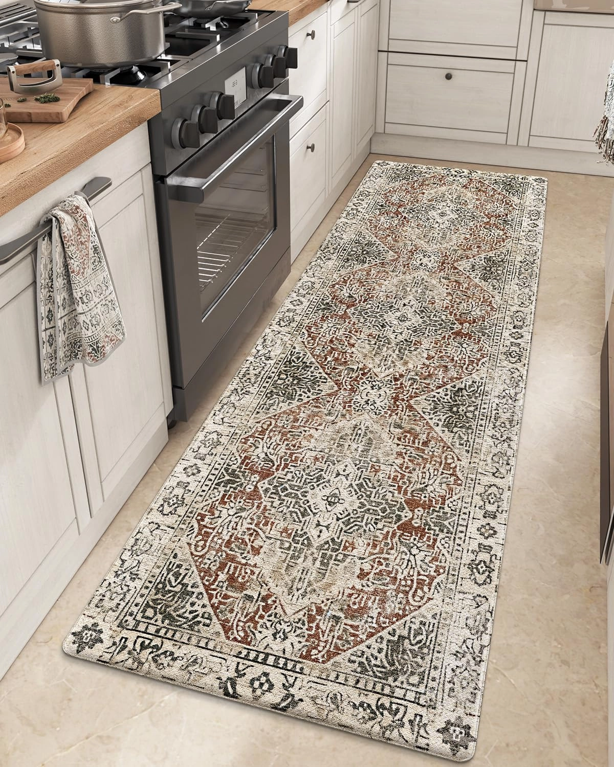 DEXI Kitchen Floor Mats Anti Fatigue, Cushioned Waterproof Runner Rug Boho Floral, 23x86 Extra Long Wide Standing Padded Non Slip for Farmhouse, Cream and Red