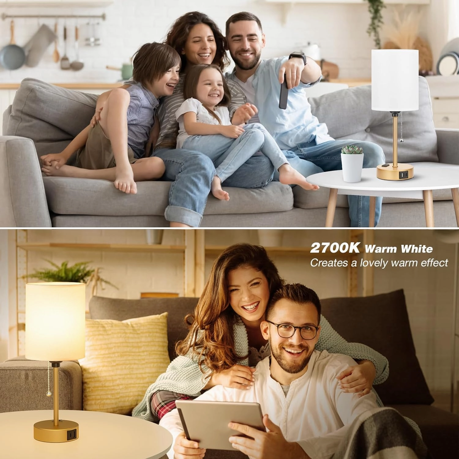 Dicoool Small Bedside Lamps 3 Color Modes - 2700K 3500K 5000K Bedroom Lamps with USB C and A Ports, Pull Chain Gold Table Lamps with AC Outlet, Nightstand Lamps with Gold Metal Base for Kids Reading