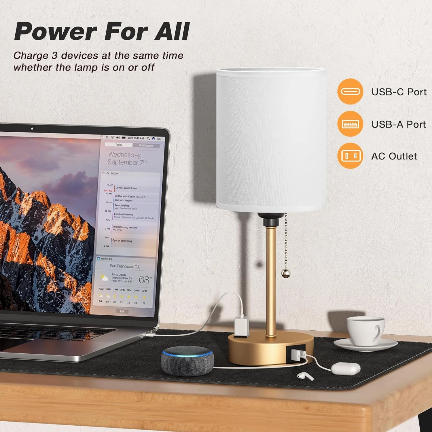 Dicoool Small Bedside Lamps 3 Color Modes - 2700K 3500K 5000K Bedroom Lamps with USB C and A Ports, Pull Chain Gold Table Lamps with AC Outlet, Nightstand Lamps with Gold Metal Base for Kids Reading