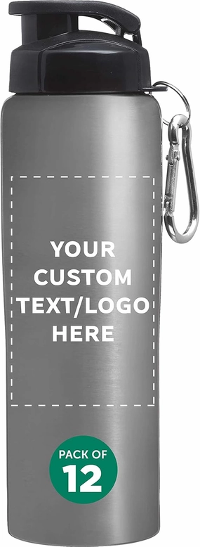 DISCOUNT PROMOS Custom Sicilia Stainless Steel Sports Bottles 27 oz. Set of 12, Personalized Bulk Pack - Non Insulated, Great for Gym, Hiking, Cycling, School - Silver
