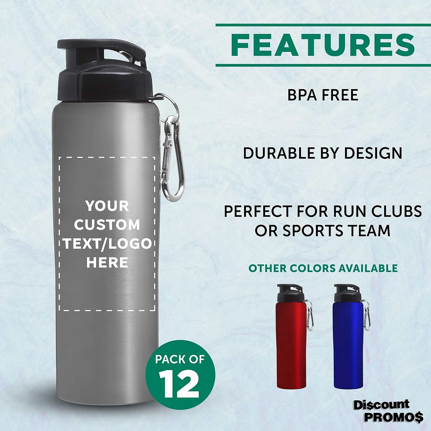 DISCOUNT PROMOS Custom Sicilia Stainless Steel Sports Bottles 27 oz. Set of 12, Personalized Bulk Pack - Non Insulated, Great for Gym, Hiking, Cycling, School - Silver