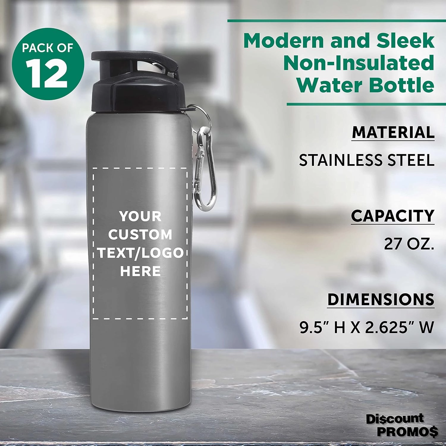 DISCOUNT PROMOS Custom Sicilia Stainless Steel Sports Bottles 27 oz. Set of 12, Personalized Bulk Pack - Non Insulated, Great for Gym, Hiking, Cycling, School - Silver