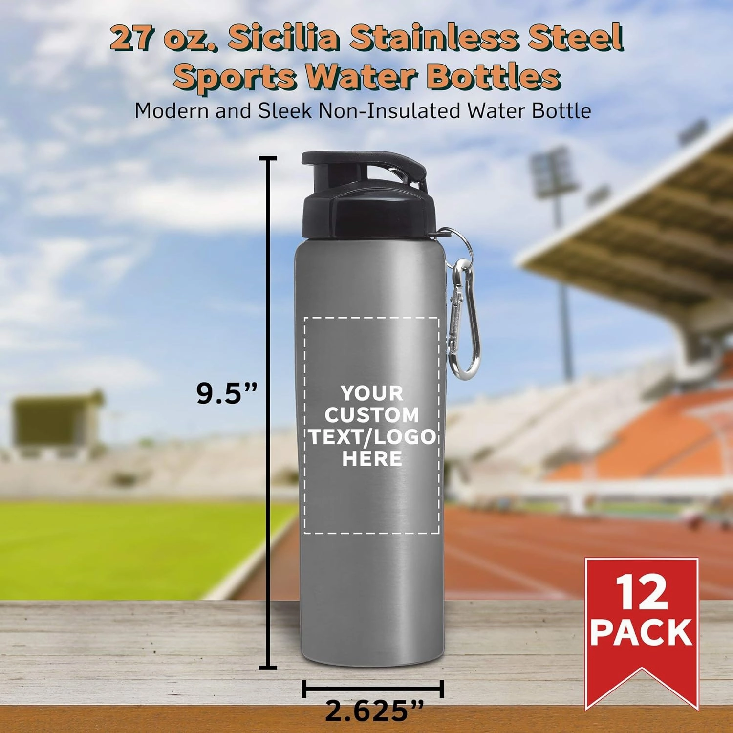 DISCOUNT PROMOS Custom Sicilia Stainless Steel Sports Bottles 27 oz. Set of 12, Personalized Bulk Pack - Non Insulated, Great for Gym, Hiking, Cycling, School - Silver