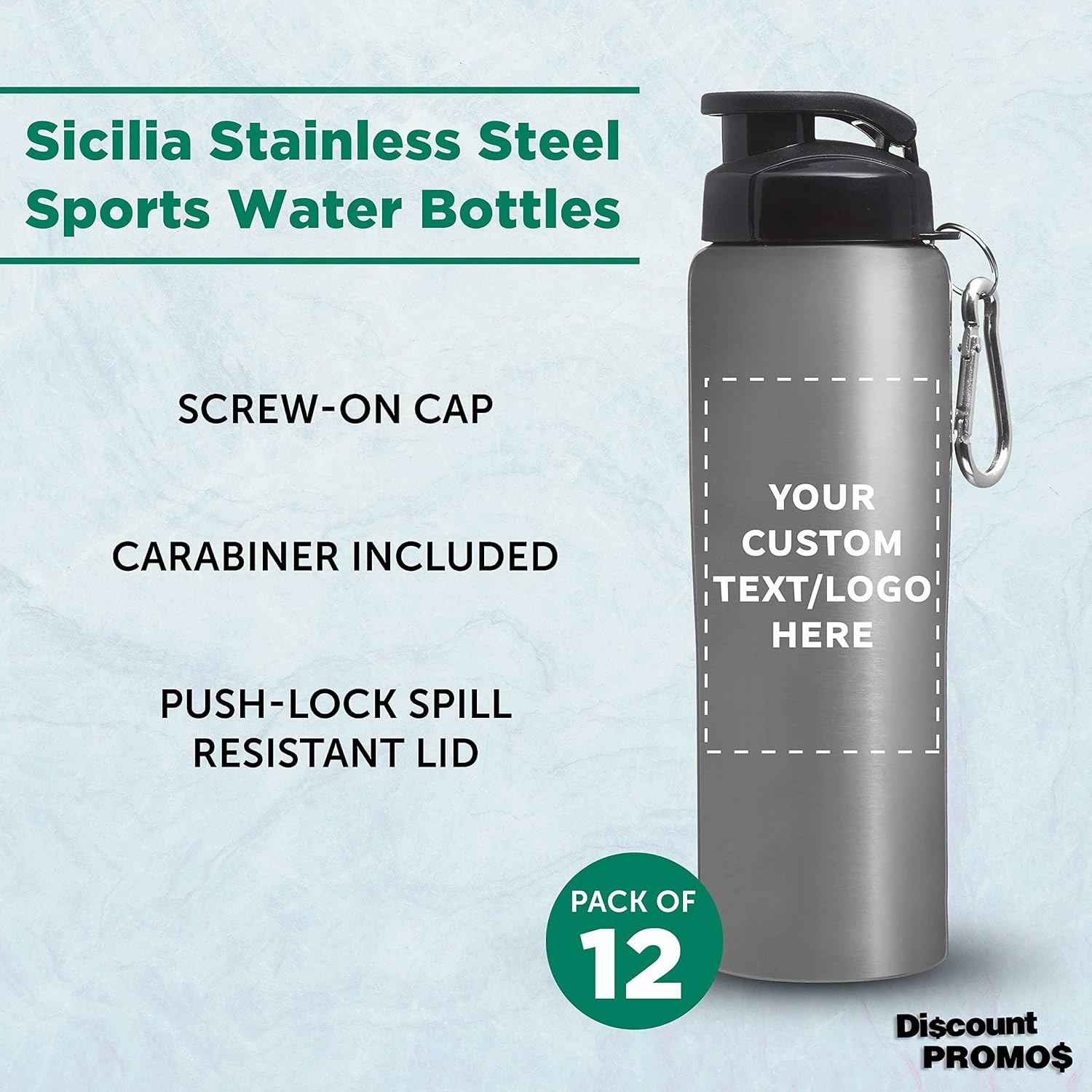DISCOUNT PROMOS Custom Sicilia Stainless Steel Sports Bottles 27 oz. Set of 12, Personalized Bulk Pack - Non Insulated, Great for Gym, Hiking, Cycling, School - Silver