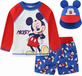 Disney Mickey Mouse Baby Boys UPF 50  Rash Guard, Swim Trunks and Sun Hat with Ears 3 Piece Bathing Suit Set for Infants