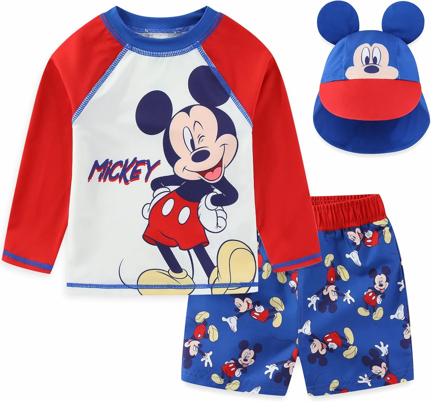 Disney Mickey Mouse Baby Boys UPF 50  Rash Guard, Swim Trunks and Sun Hat with Ears 3 Piece Bathing Suit Set for Infants