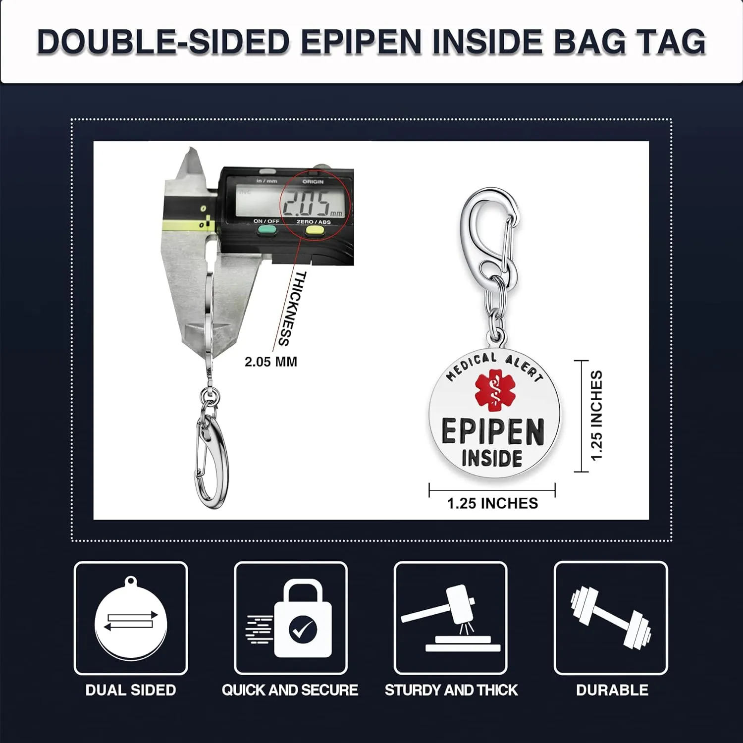 Divoti EpiPen Inside Bag Tag 1.25" - with Quick Clip | Pre-Engraved Stainless Steel Dual-Sided | Bold Lettering