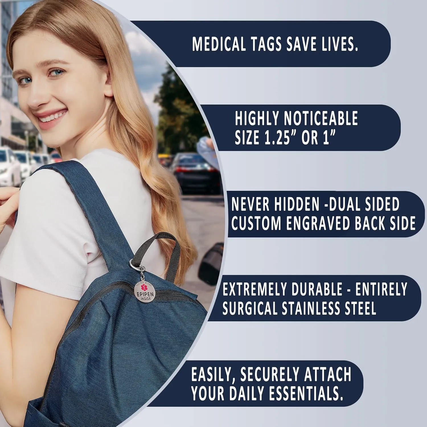Divoti EpiPen Inside Bag Tag 1.25" - with Quick Clip | Pre-Engraved Stainless Steel Dual-Sided | Bold Lettering