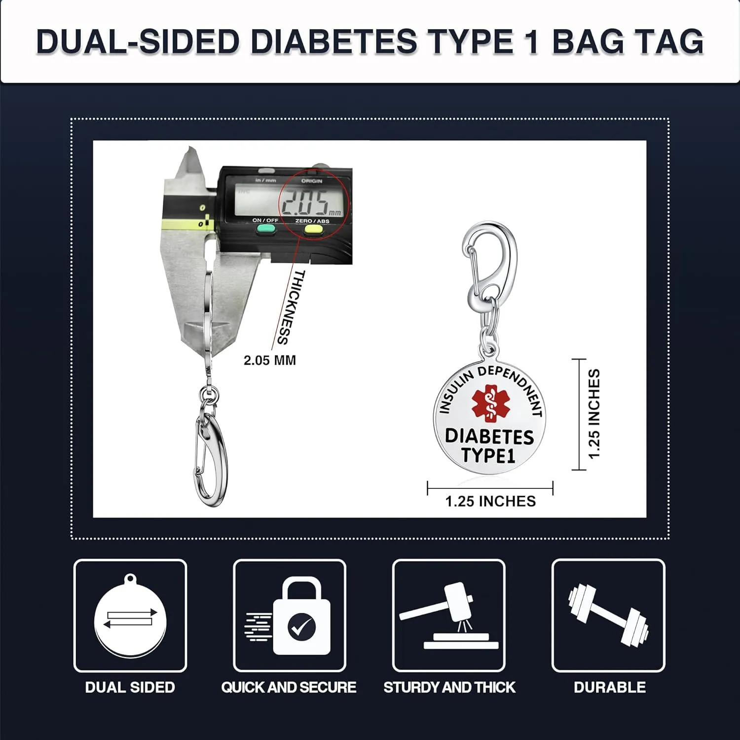 Divoti Insulin Dependent T1D Bag Tag 1.25" - with Quick Clip | Pre-Engraved PVD Rose Gold Dual-Sided | Bold Lettering