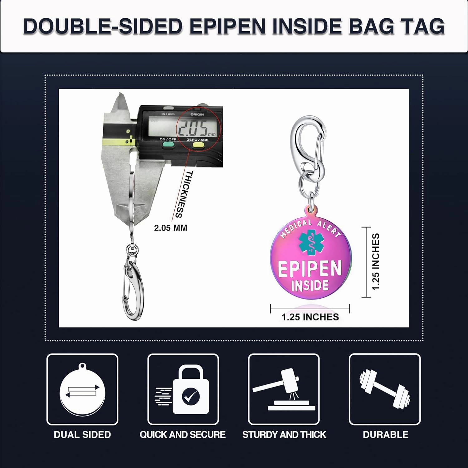 Divoti EpiPen Inside Bag Tag 1.25" - with Quick Clip | Pre-Engraved PVD Rainbow Dual-Sided | Bold Lettering