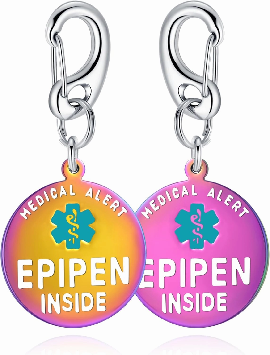 Divoti EpiPen Inside Bag Tag 1.25" - with Quick Clip | Pre-Engraved PVD Rainbow Dual-Sided | Bold Lettering