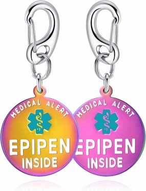 Divoti EpiPen Inside Bag Tag 1.25" - with Quick Clip | Pre-Engraved PVD Rainbow Dual-Sided | Bold Lettering