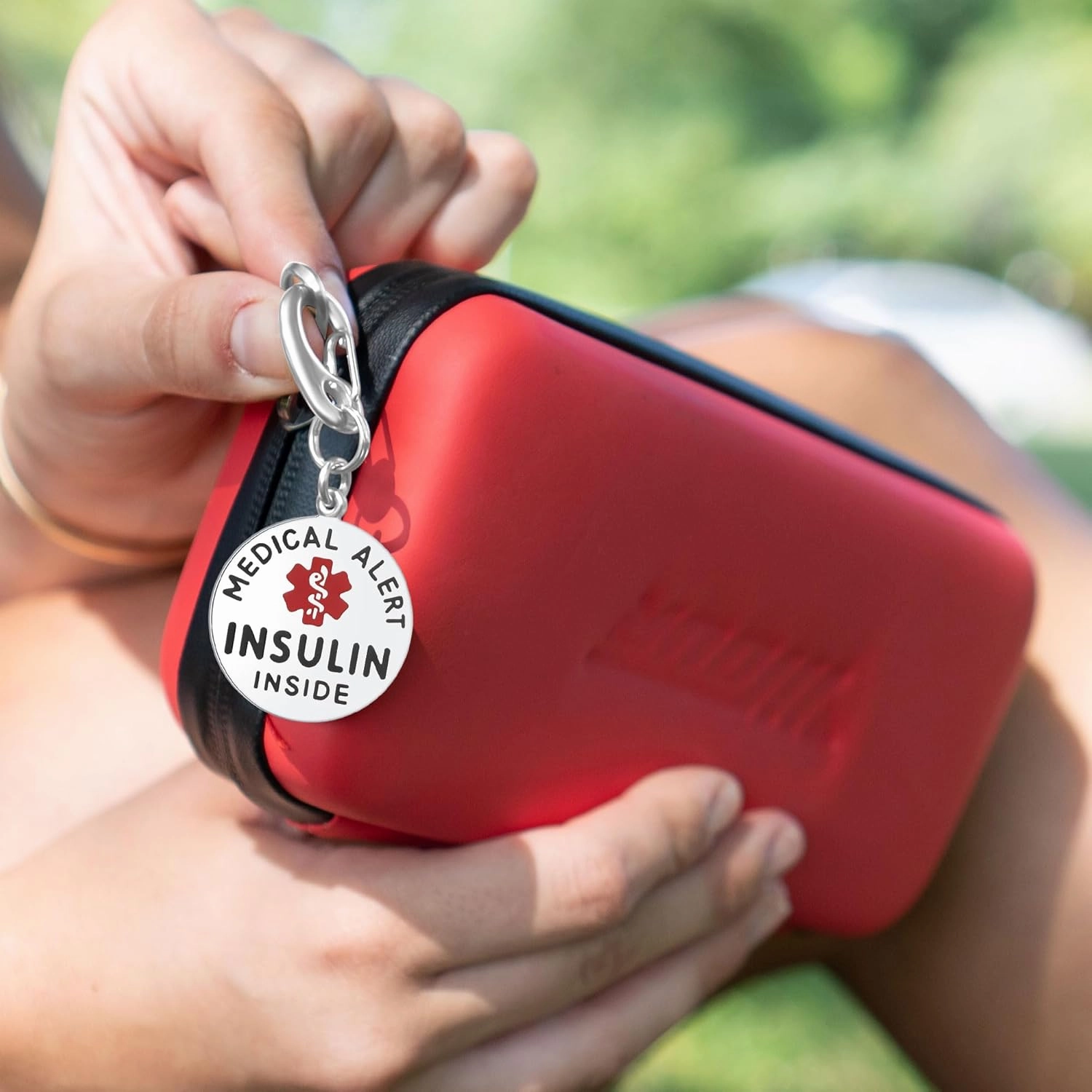 Divoti Insulin Inside Bag Tag 1.25" - with Quick Clip | Pre-Engraved Stainless Steel Dual-Sided | Bold Lettering