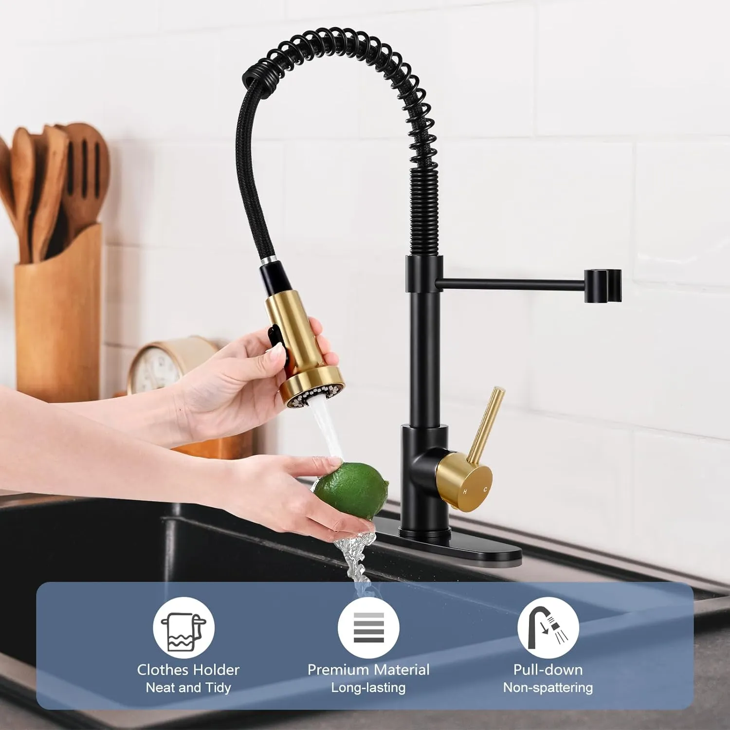 DJS Kitchen Faucets with Pull Down Sprayer Matte Black & Brushed Gold -【High Arc】 Single Handle 1 or 3 Holes Spring Kitchen Sink Faucet with Deck Plate for Farmhouse RV Vessel Basin