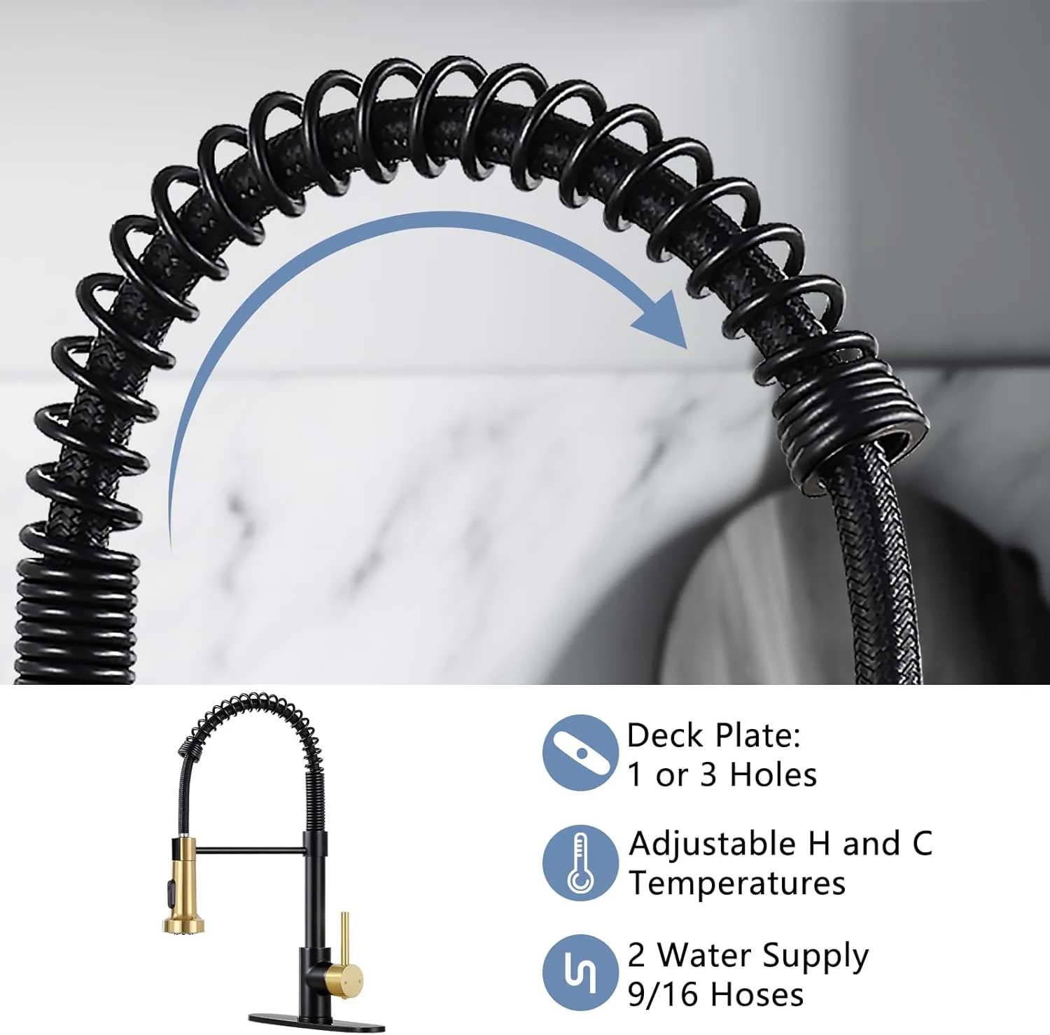 DJS Kitchen Faucets with Pull Down Sprayer Matte Black & Brushed Gold -【High Arc】 Single Handle 1 or 3 Holes Spring Kitchen Sink Faucet with Deck Plate for Farmhouse RV Vessel Basin