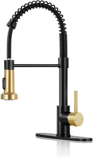 DJS Kitchen Faucets with Pull Down Sprayer Matte Black & Brushed Gold -【High Arc】 Single Handle 1 or 3 Holes Spring Kitchen Sink Faucet with Deck Plate for Farmhouse RV Vessel Basin
