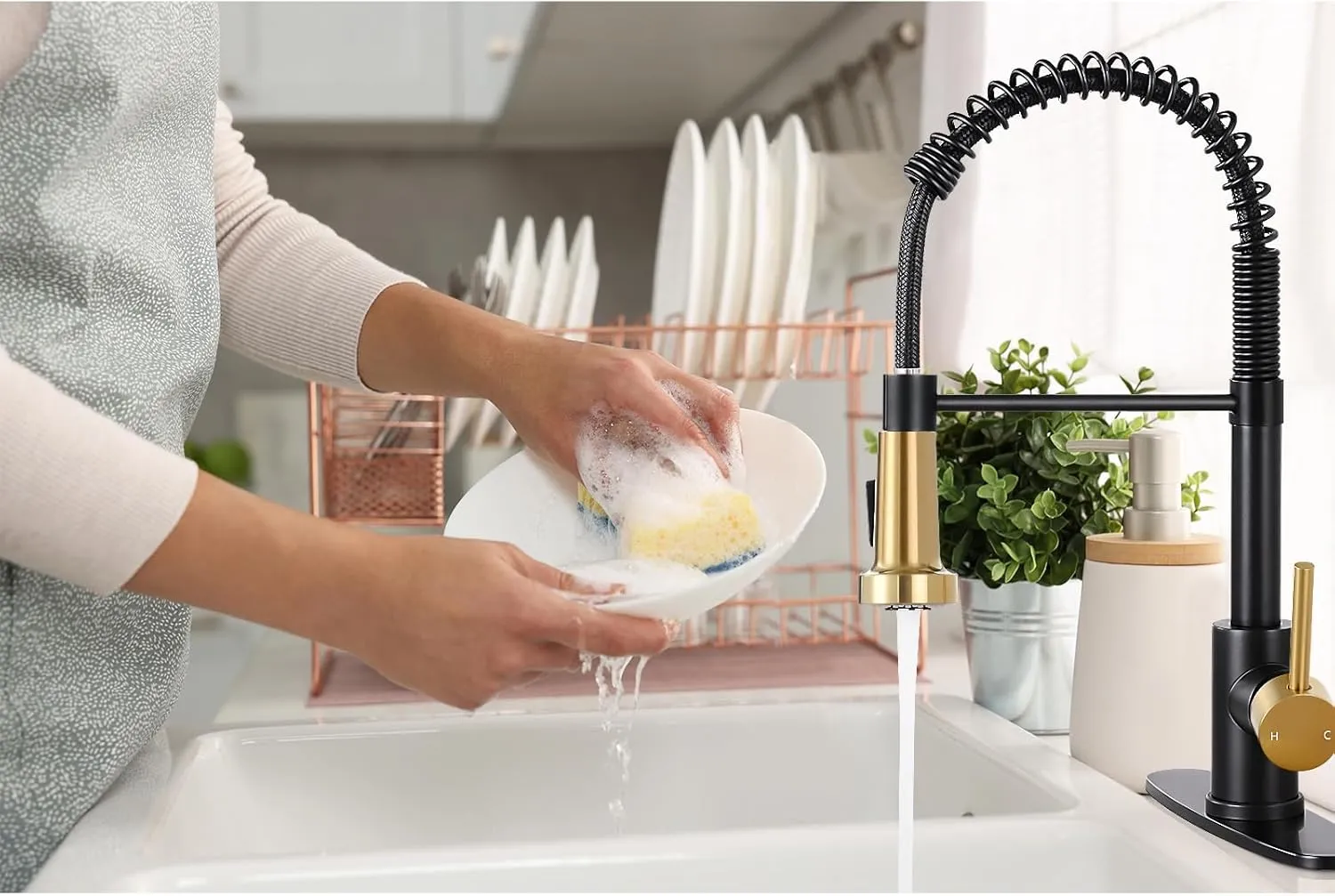 DJS Kitchen Faucets with Pull Down Sprayer Matte Black & Brushed Gold -【High Arc】 Single Handle 1 or 3 Holes Spring Kitchen Sink Faucet with Deck Plate for Farmhouse RV Vessel Basin