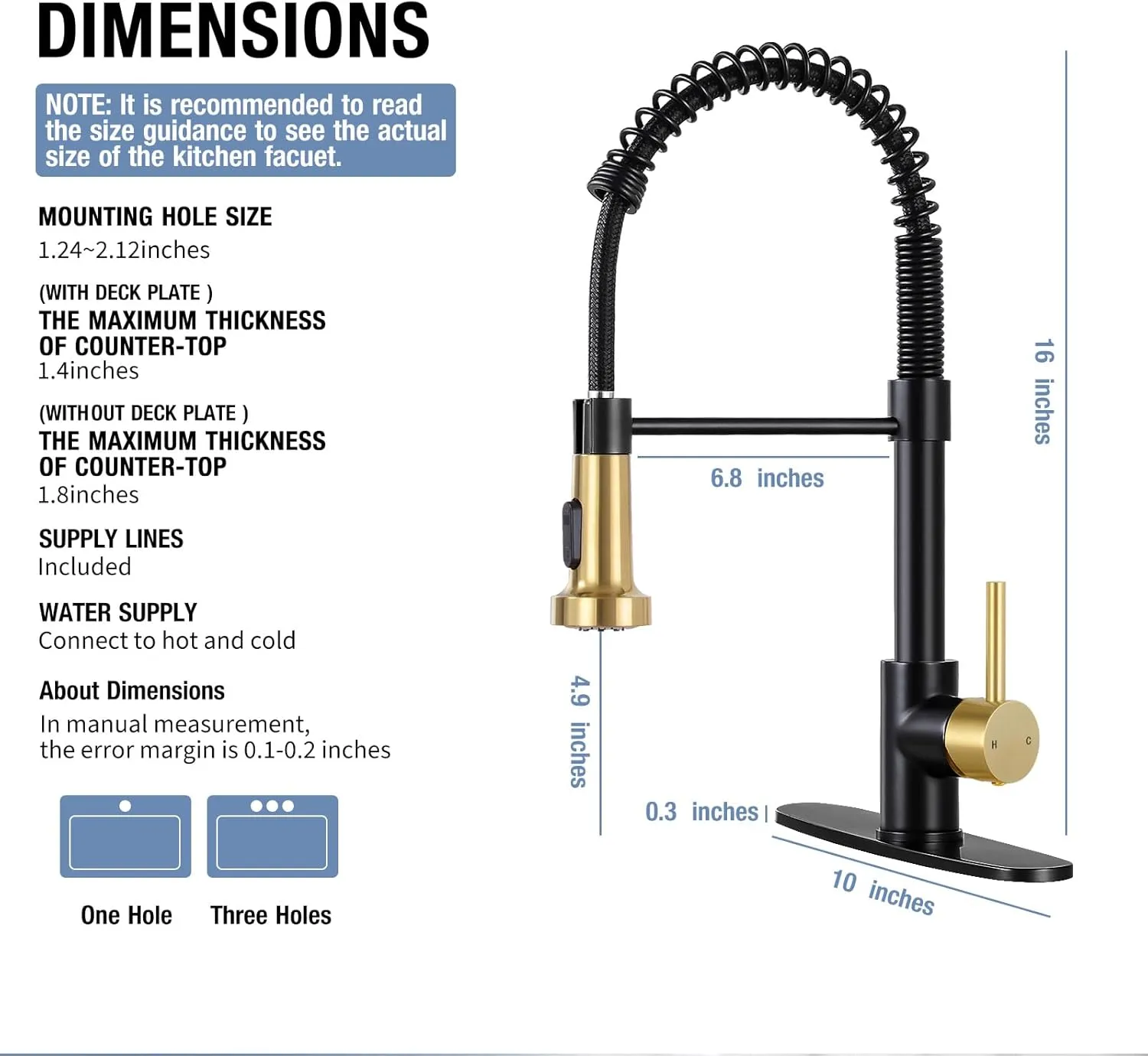 DJS Kitchen Faucets with Pull Down Sprayer Matte Black & Brushed Gold -【High Arc】 Single Handle 1 or 3 Holes Spring Kitchen Sink Faucet with Deck Plate for Farmhouse RV Vessel Basin